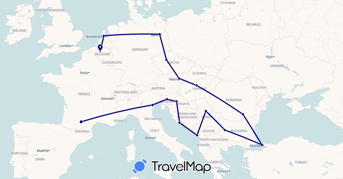 TravelMap itinerary: driving in Austria, Belgium, Bulgaria, Czech Republic, Germany, France, Croatia, Hungary, Italy, Montenegro, Netherlands, Romania, Serbia, Slovenia, Turkey (Asia, Europe)